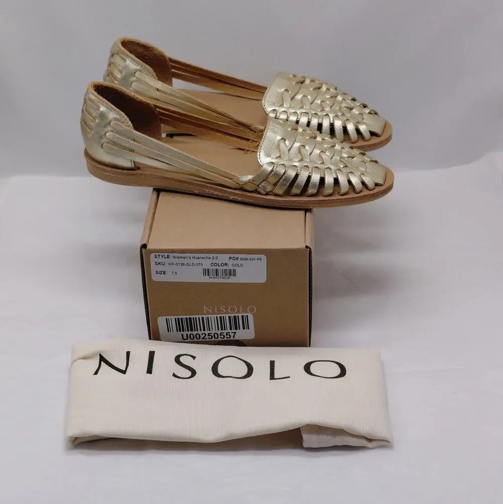 Nisolo Womens Huarache 2.0 Sandals Size 7.5 Gold Leather Boho Flats Woven Shoes
